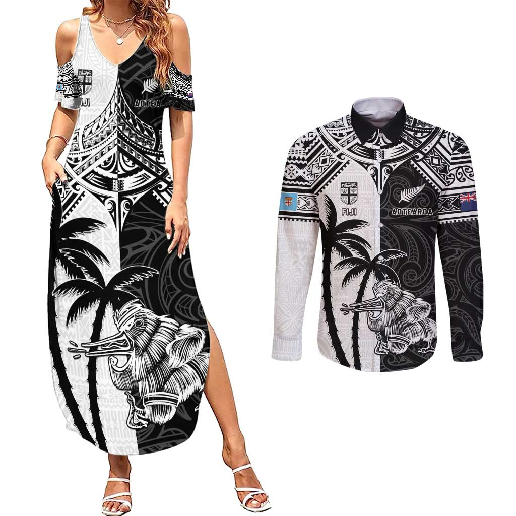 Custom New Zealand And Fiji Rugby 2024 Couples Matching Summer Maxi Dress and Long Sleeve Button Shirt Maori Kiwi With Fijian Palm Tree LT05 Black - Polynesian Pride
