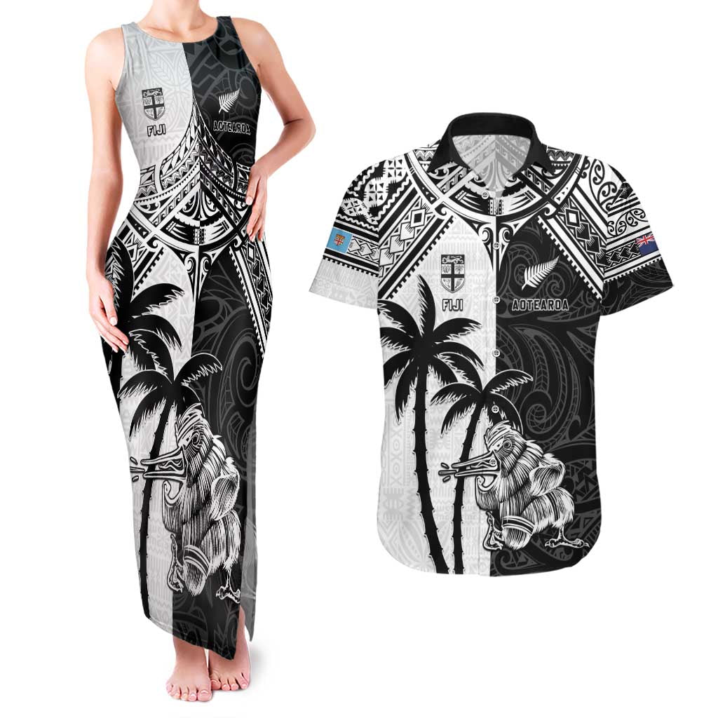 Custom New Zealand And Fiji Rugby 2024 Couples Matching Tank Maxi Dress and Hawaiian Shirt Maori Kiwi With Fijian Palm Tree LT05 Black - Polynesian Pride