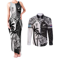 Custom New Zealand And Fiji Rugby 2024 Couples Matching Tank Maxi Dress and Long Sleeve Button Shirt Maori Kiwi With Fijian Palm Tree LT05 Black - Polynesian Pride