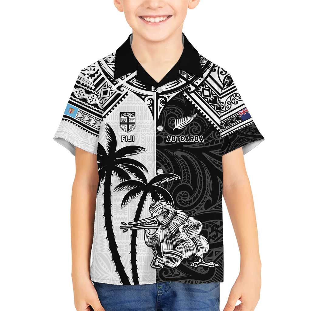 Custom New Zealand And Fiji Rugby 2024 Family Matching Long Sleeve Bodycon Dress and Hawaiian Shirt Maori Kiwi With Fijian Palm Tree LT05 Son's Shirt Black - Polynesian Pride