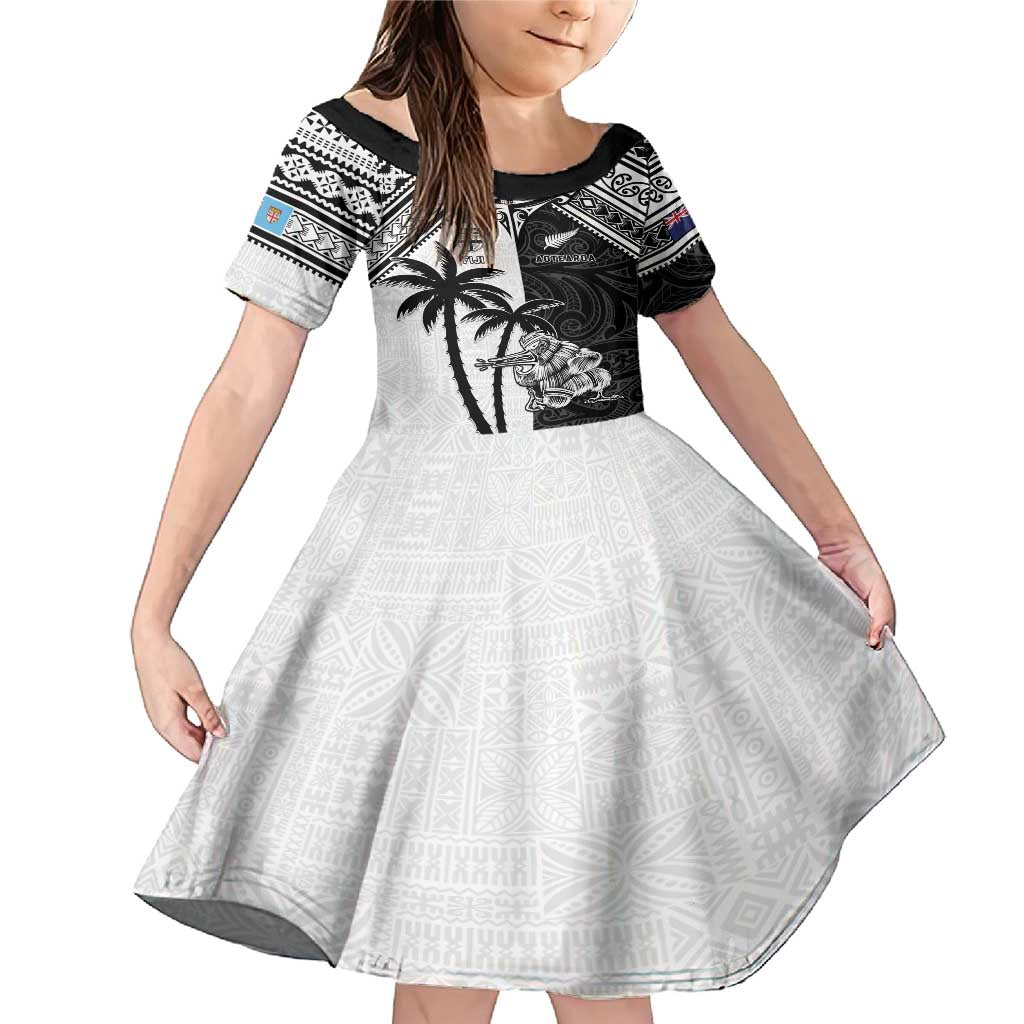 Custom New Zealand And Fiji Rugby 2024 Family Matching Mermaid Dress and Hawaiian Shirt Maori Kiwi With Fijian Palm Tree LT05 Daughter's Dress Black - Polynesian Pride