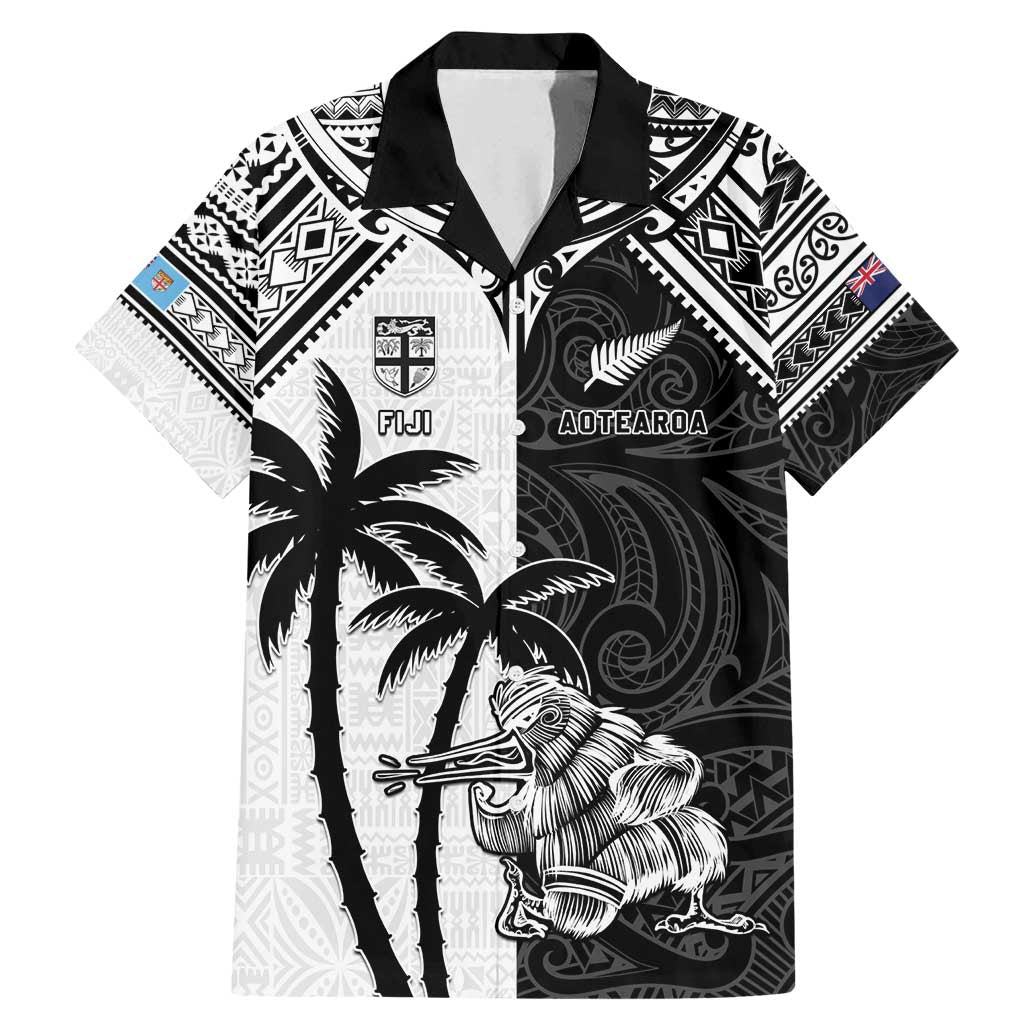 Custom New Zealand And Fiji Rugby 2024 Family Matching Mermaid Dress and Hawaiian Shirt Maori Kiwi With Fijian Palm Tree LT05 Dad's Shirt - Short Sleeve Black - Polynesian Pride