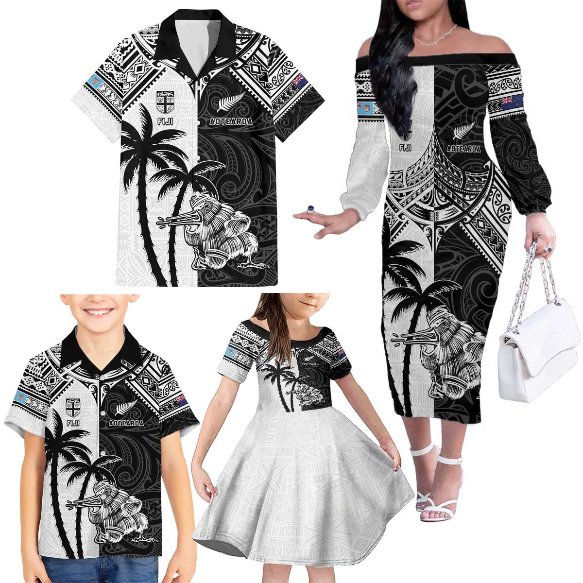 Custom New Zealand And Fiji Rugby 2024 Family Matching Off The Shoulder Long Sleeve Dress and Hawaiian Shirt Maori Kiwi With Fijian Palm Tree LT05 - Polynesian Pride