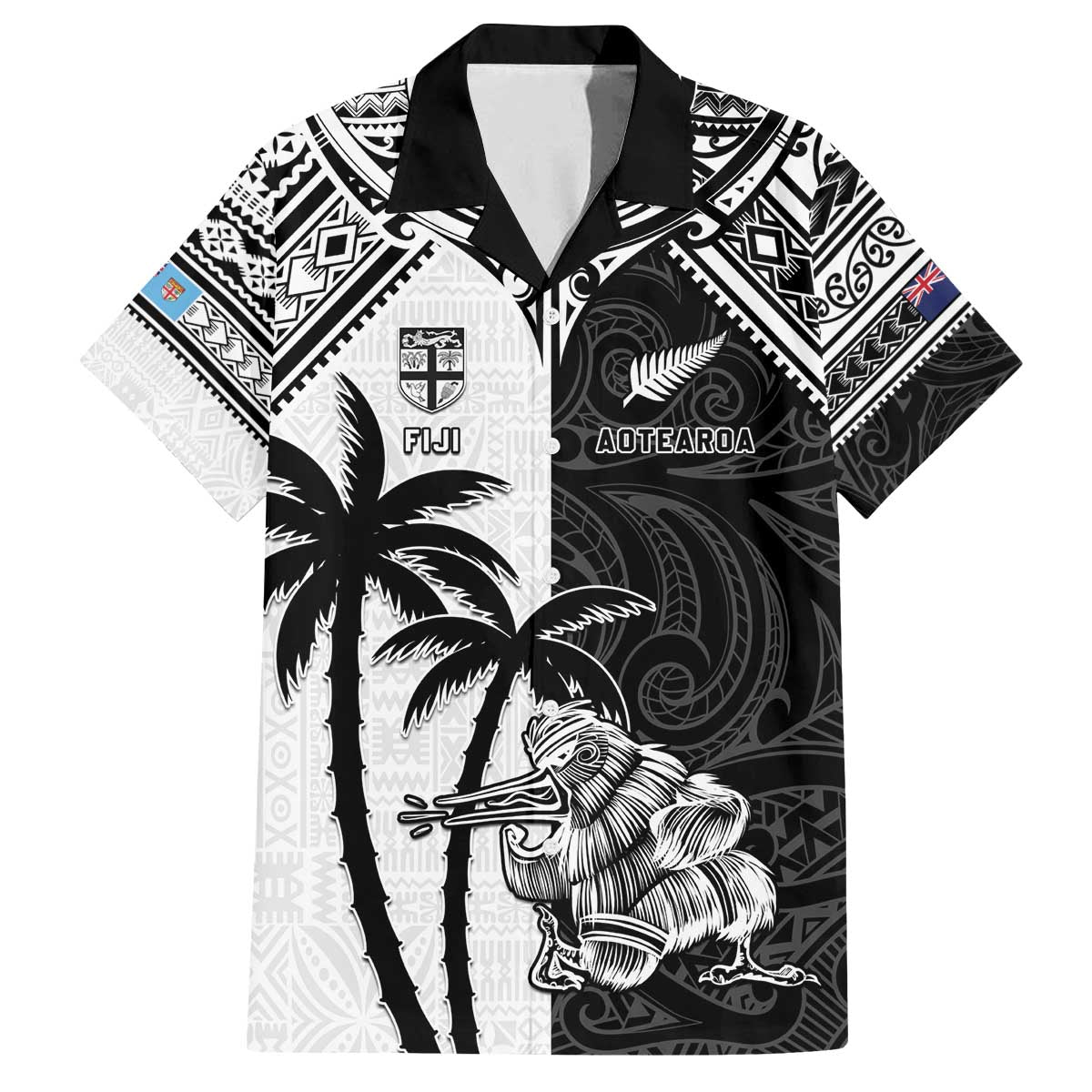 Custom New Zealand And Fiji Rugby 2024 Family Matching Off The Shoulder Long Sleeve Dress and Hawaiian Shirt Maori Kiwi With Fijian Palm Tree LT05 Dad's Shirt - Short Sleeve Black - Polynesian Pride
