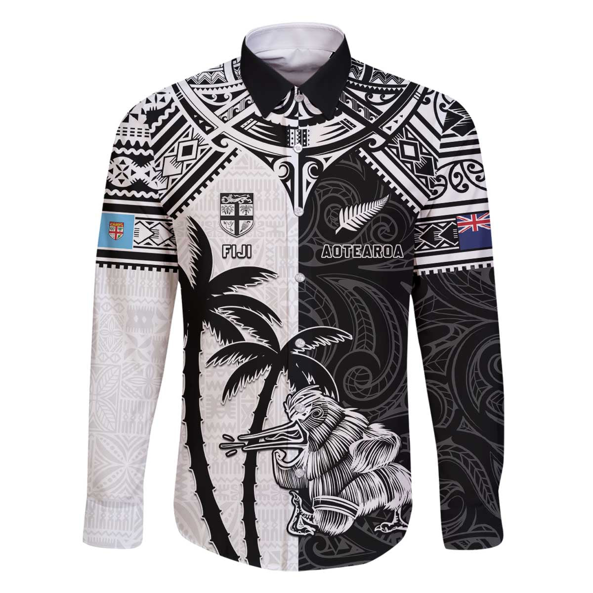 Custom New Zealand And Fiji Rugby 2024 Family Matching Off The Shoulder Long Sleeve Dress and Hawaiian Shirt Maori Kiwi With Fijian Palm Tree LT05 Dad's Shirt - Long Sleeve Black - Polynesian Pride