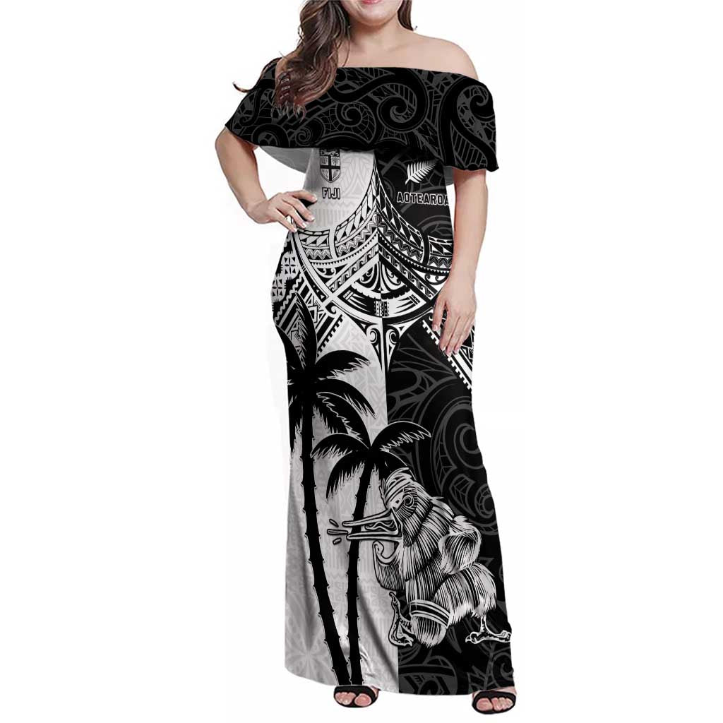 Custom New Zealand And Fiji Rugby 2024 Family Matching Off Shoulder Maxi Dress and Hawaiian Shirt Maori Kiwi With Fijian Palm Tree LT05 Mom's Dress Black - Polynesian Pride