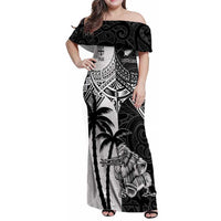 Custom New Zealand And Fiji Rugby 2024 Family Matching Off Shoulder Maxi Dress and Hawaiian Shirt Maori Kiwi With Fijian Palm Tree LT05 Mom's Dress Black - Polynesian Pride
