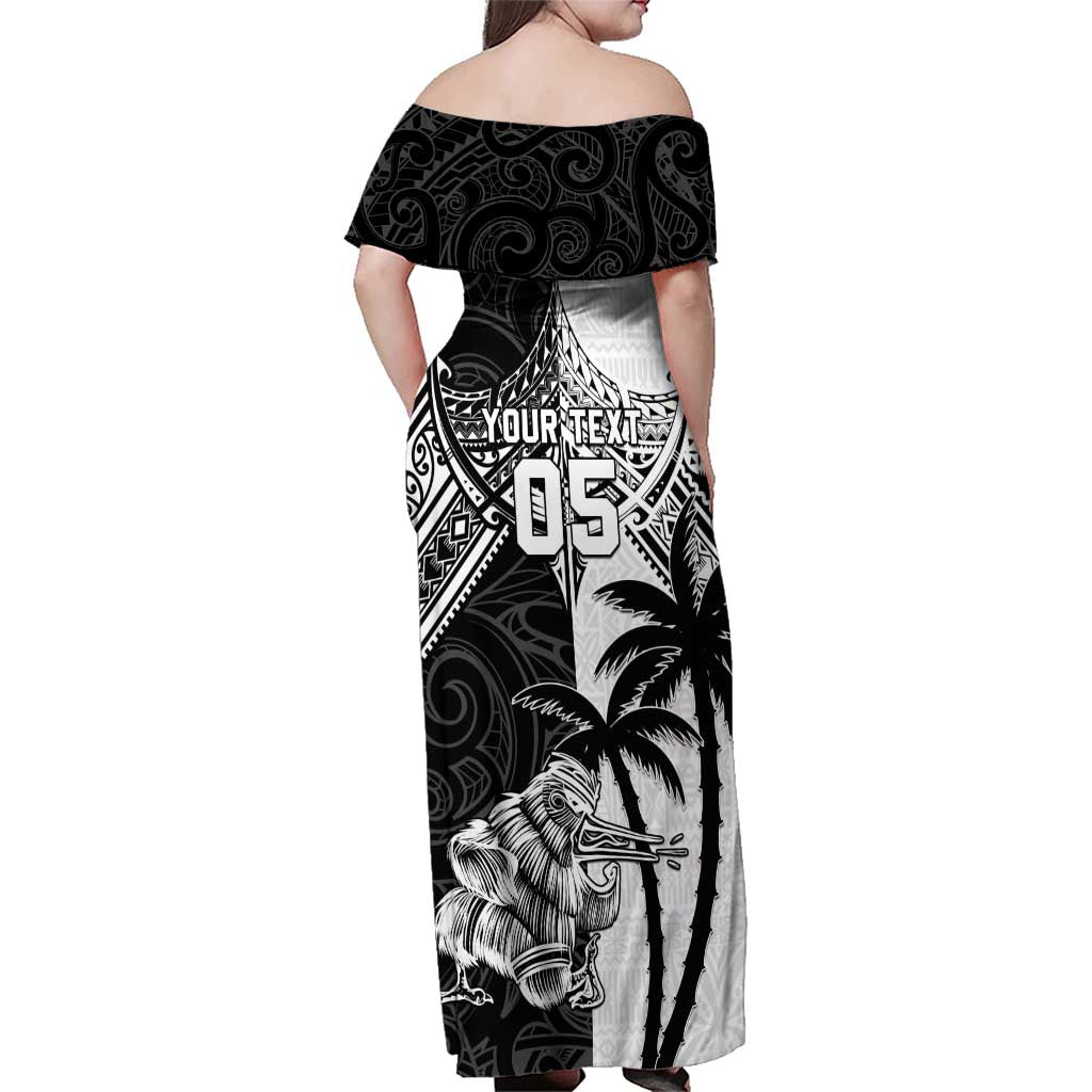 Custom New Zealand And Fiji Rugby 2024 Family Matching Off Shoulder Maxi Dress and Hawaiian Shirt Maori Kiwi With Fijian Palm Tree LT05 - Polynesian Pride