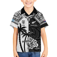 Custom New Zealand And Fiji Rugby 2024 Family Matching Off Shoulder Maxi Dress and Hawaiian Shirt Maori Kiwi With Fijian Palm Tree LT05 Son's Shirt Black - Polynesian Pride