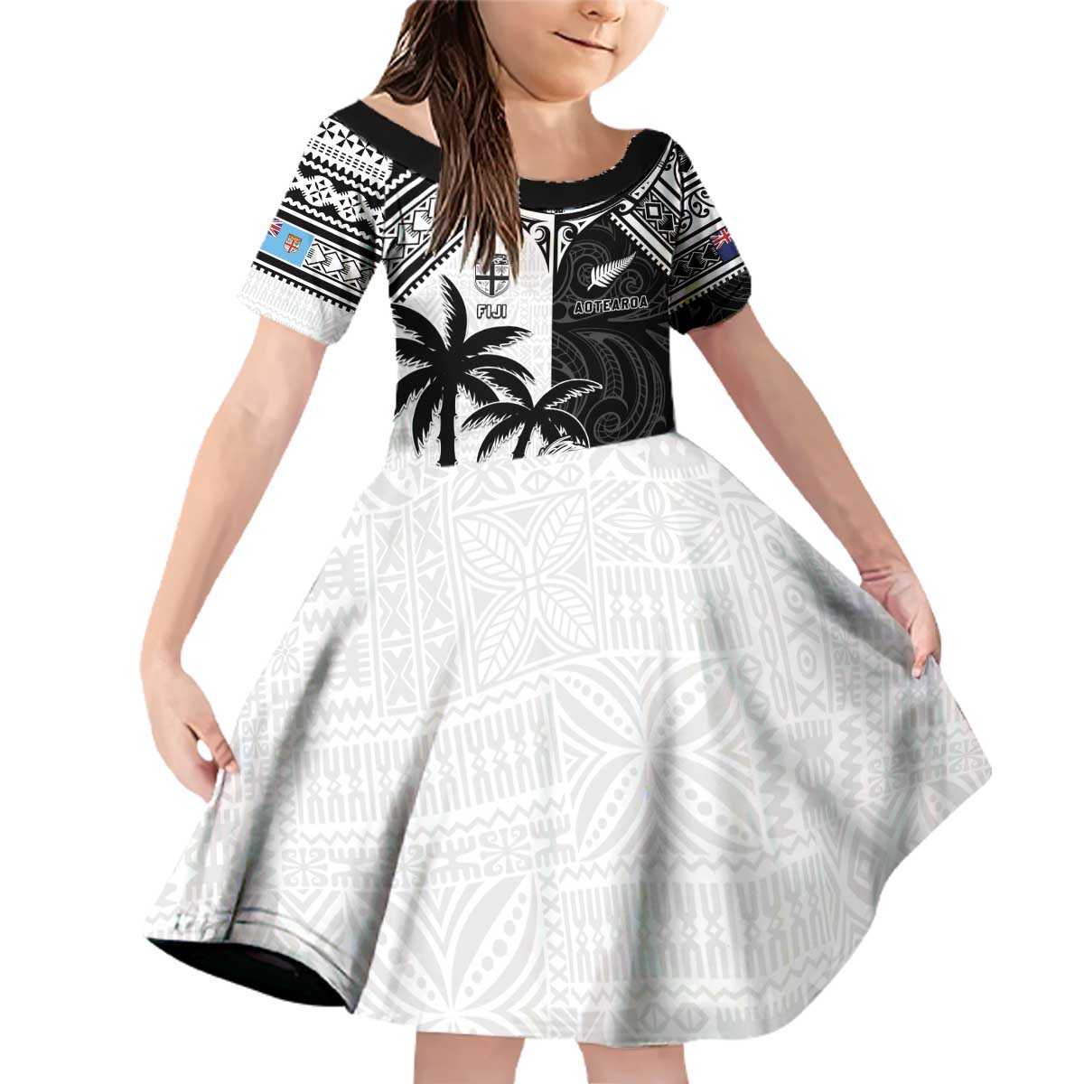 Custom New Zealand And Fiji Rugby 2024 Family Matching Off Shoulder Short Dress and Hawaiian Shirt Maori Kiwi With Fijian Palm Tree LT05 Daughter's Dress Black - Polynesian Pride