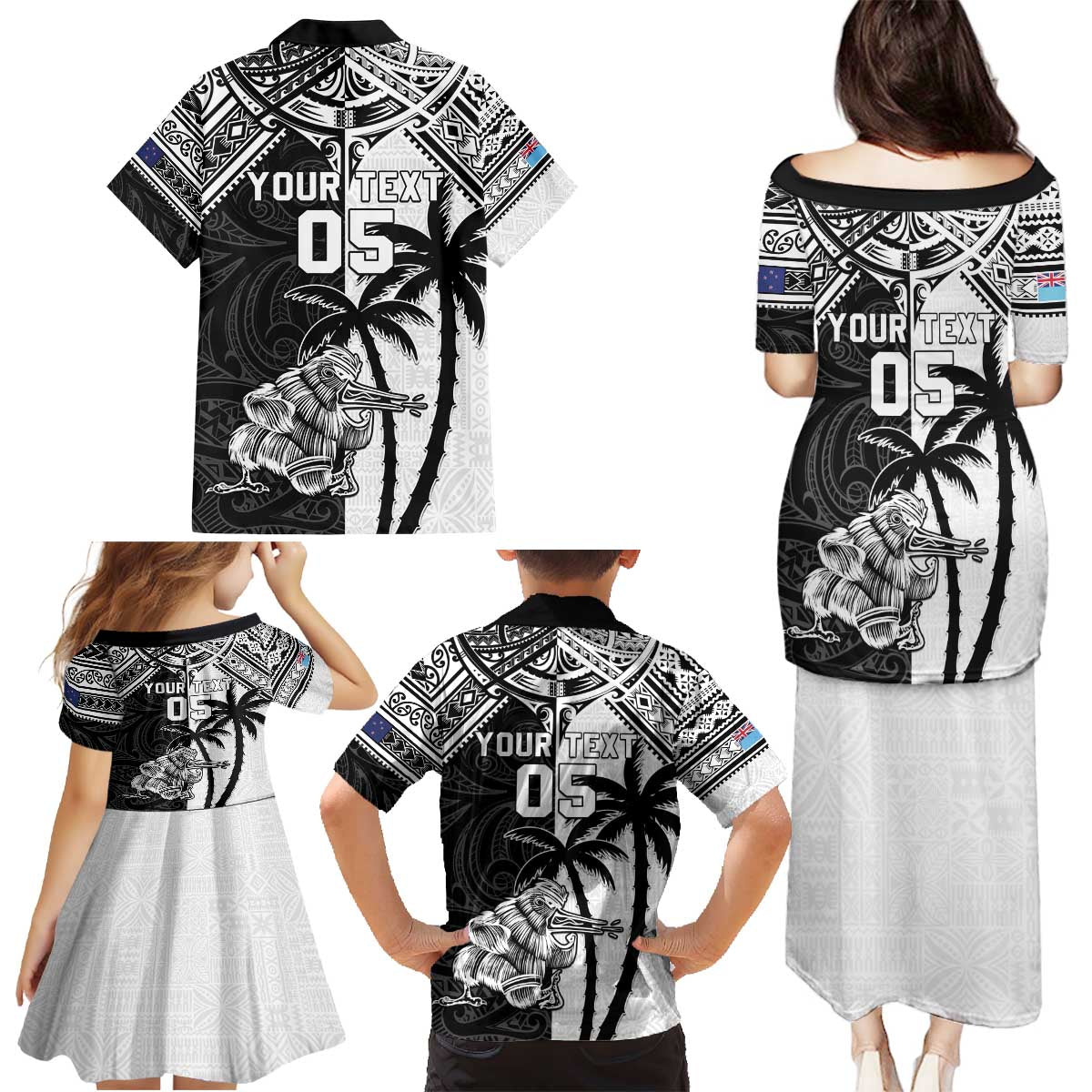 Custom New Zealand And Fiji Rugby 2024 Family Matching Puletasi and Hawaiian Shirt Maori Kiwi With Fijian Palm Tree LT05 - Polynesian Pride