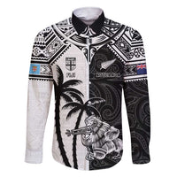 Custom New Zealand And Fiji Rugby 2024 Family Matching Short Sleeve Bodycon Dress and Hawaiian Shirt Maori Kiwi With Fijian Palm Tree LT05 Dad's Shirt - Long Sleeve Black - Polynesian Pride
