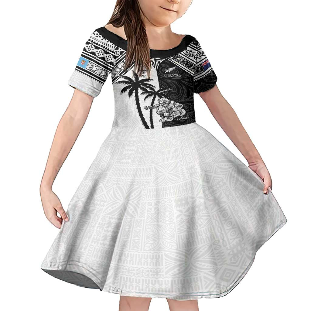 Custom New Zealand And Fiji Rugby 2024 Family Matching Summer Maxi Dress and Hawaiian Shirt Maori Kiwi With Fijian Palm Tree LT05 Daughter's Dress Black - Polynesian Pride