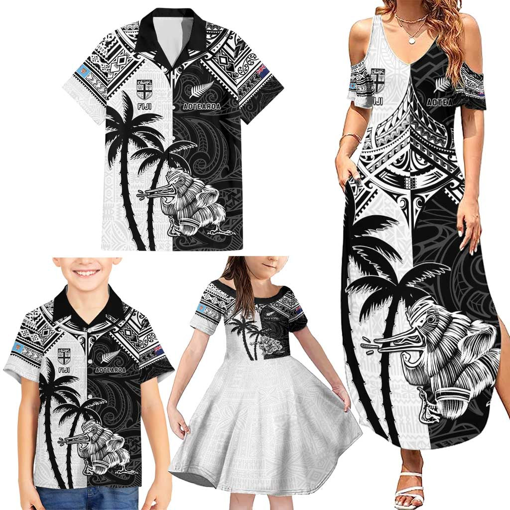 Custom New Zealand And Fiji Rugby 2024 Family Matching Summer Maxi Dress and Hawaiian Shirt Maori Kiwi With Fijian Palm Tree LT05 - Polynesian Pride