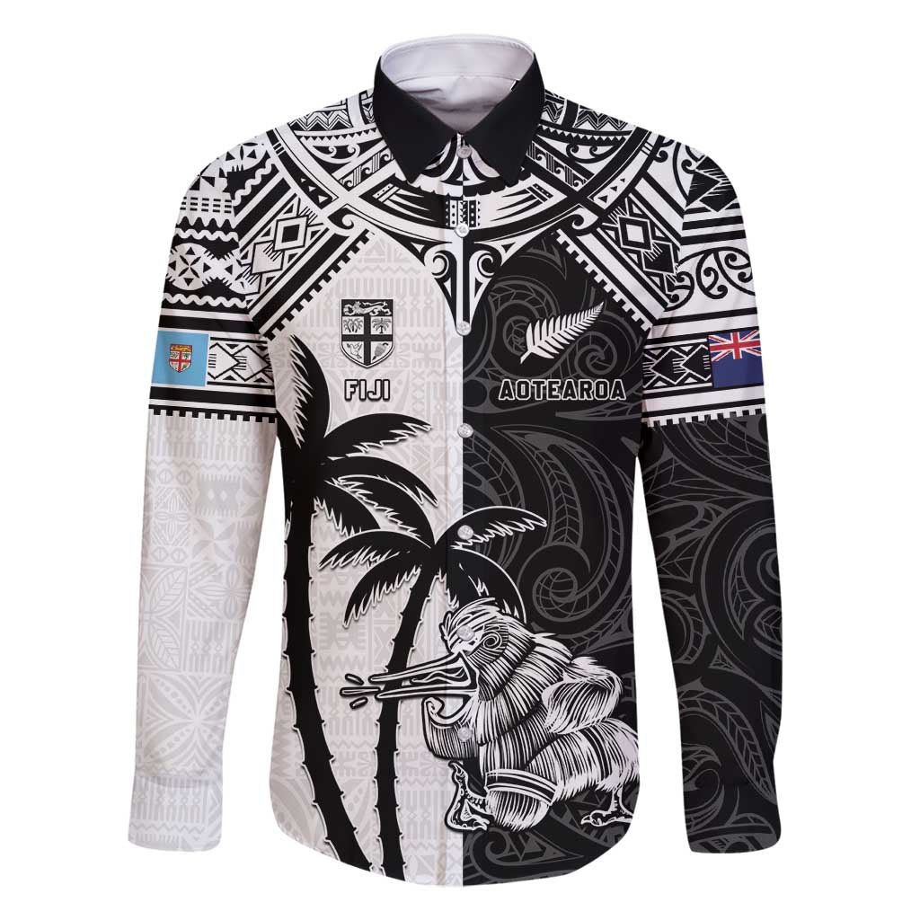 Custom New Zealand And Fiji Rugby 2024 Family Matching Summer Maxi Dress and Hawaiian Shirt Maori Kiwi With Fijian Palm Tree LT05 Dad's Shirt - Long Sleeve Black - Polynesian Pride