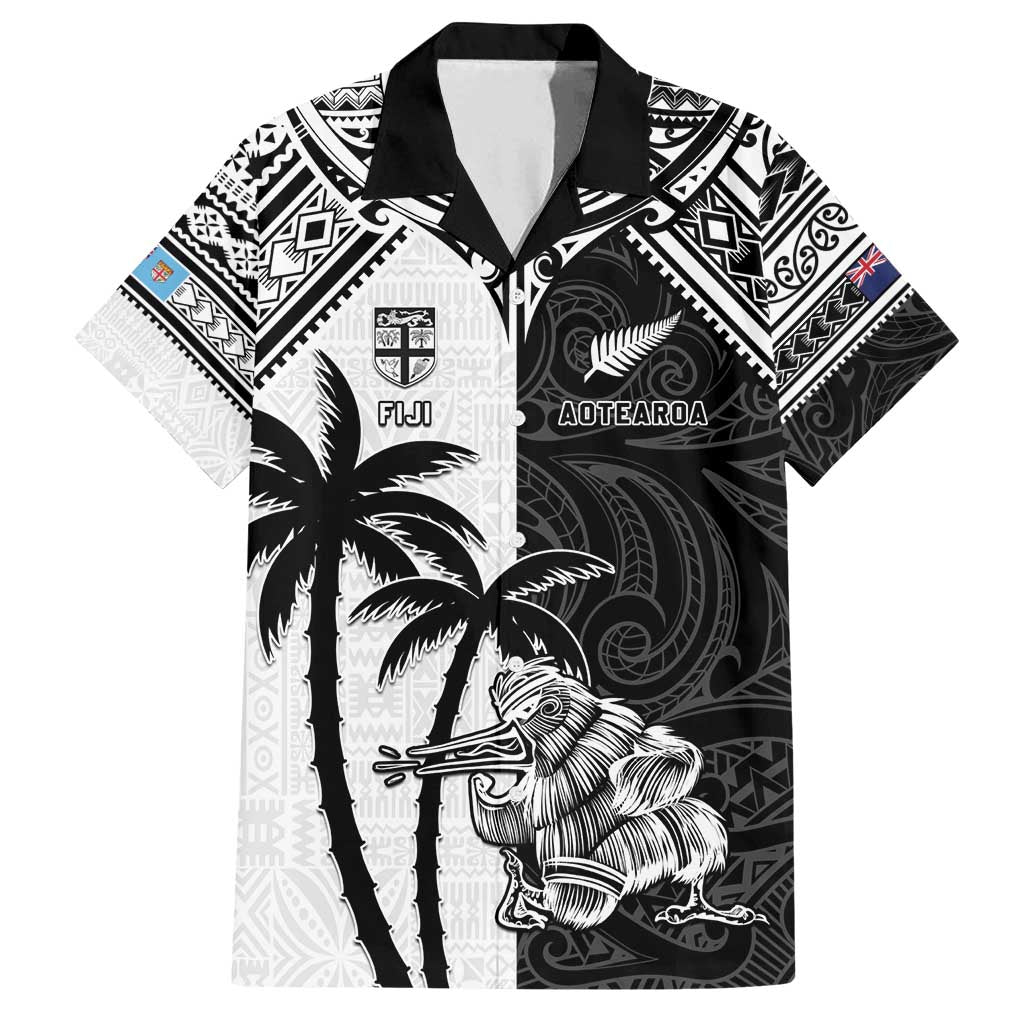 Custom New Zealand And Fiji Rugby 2024 Family Matching Tank Maxi Dress and Hawaiian Shirt Maori Kiwi With Fijian Palm Tree LT05 Dad's Shirt - Short Sleeve Black - Polynesian Pride
