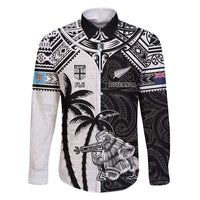 Custom New Zealand And Fiji Rugby 2024 Family Matching Tank Maxi Dress and Hawaiian Shirt Maori Kiwi With Fijian Palm Tree LT05 Dad's Shirt - Long Sleeve Black - Polynesian Pride