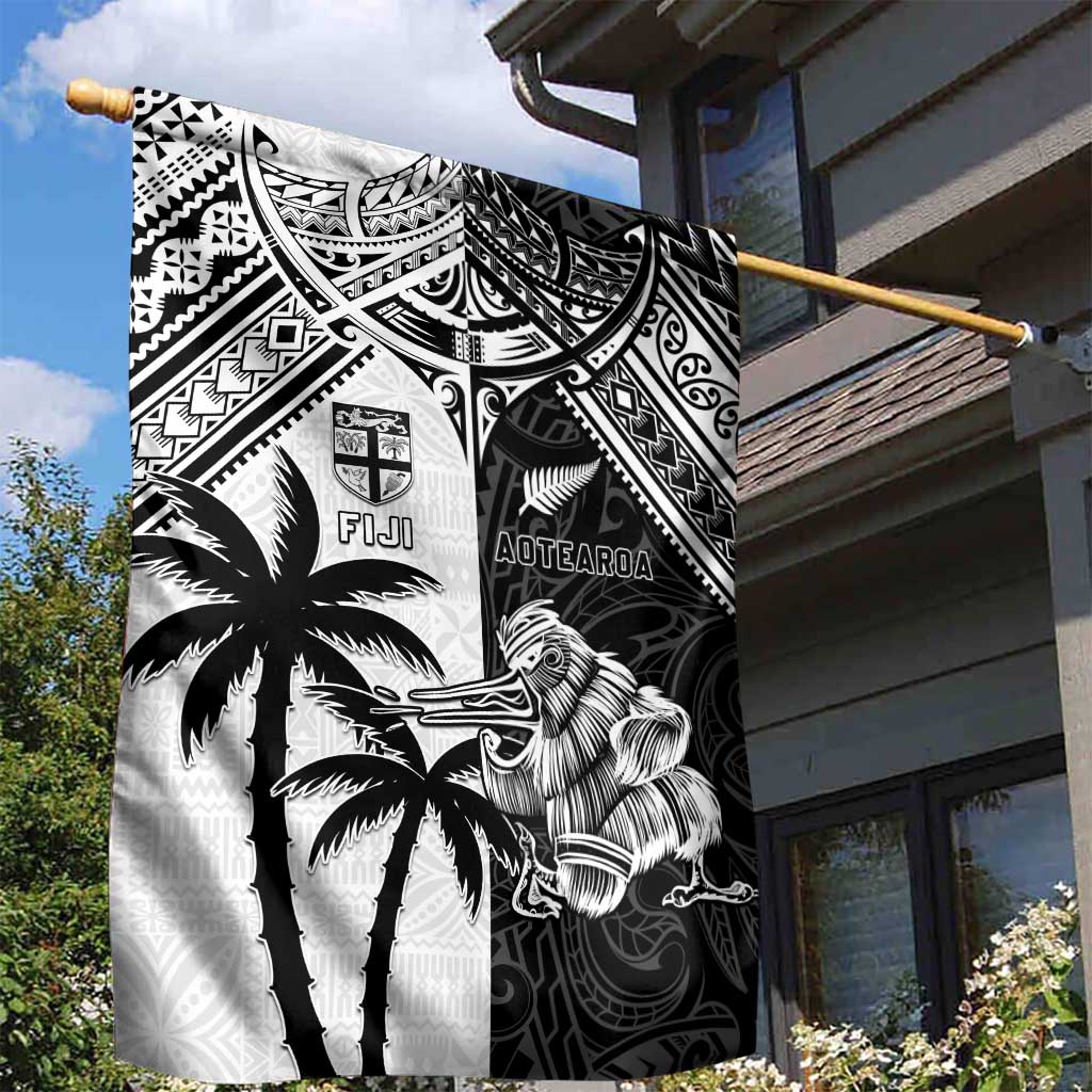 New Zealand And Fiji Rugby 2024 Garden Flag Maori Kiwi With Fijian Palm Tree LT05 - Polynesian Pride