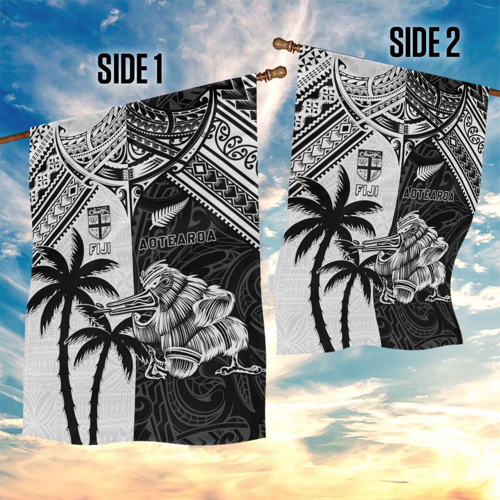 New Zealand And Fiji Rugby 2024 Garden Flag Maori Kiwi With Fijian Palm Tree LT05 - Polynesian Pride