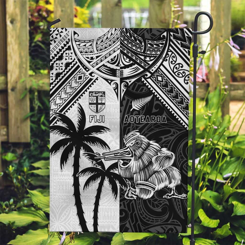 New Zealand And Fiji Rugby 2024 Garden Flag Maori Kiwi With Fijian Palm Tree LT05 Garden Flag Black - Polynesian Pride