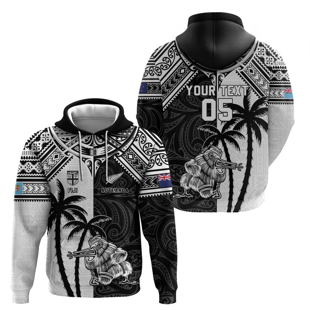 Custom New Zealand And Fiji Rugby 2024 Hoodie Maori Kiwi With Fijian Palm Tree LT05 - Polynesian Pride