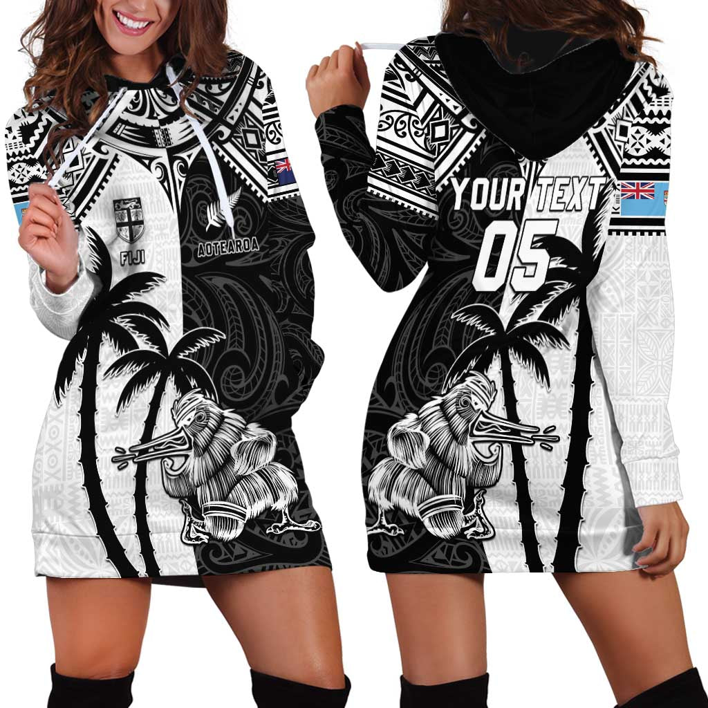 Custom New Zealand And Fiji Rugby 2024 Hoodie Dress Maori Kiwi With Fijian Palm Tree LT05 - Polynesian Pride