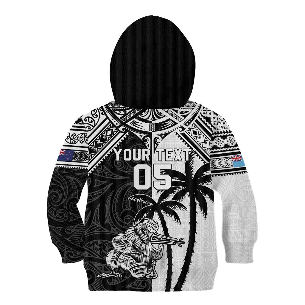Custom New Zealand And Fiji Rugby 2024 Kid Hoodie Maori Kiwi With Fijian Palm Tree LT05 - Polynesian Pride