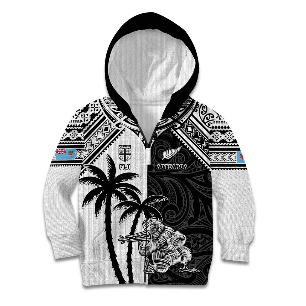 Custom New Zealand And Fiji Rugby 2024 Kid Hoodie Maori Kiwi With Fijian Palm Tree LT05 Zip Hoodie Black - Polynesian Pride