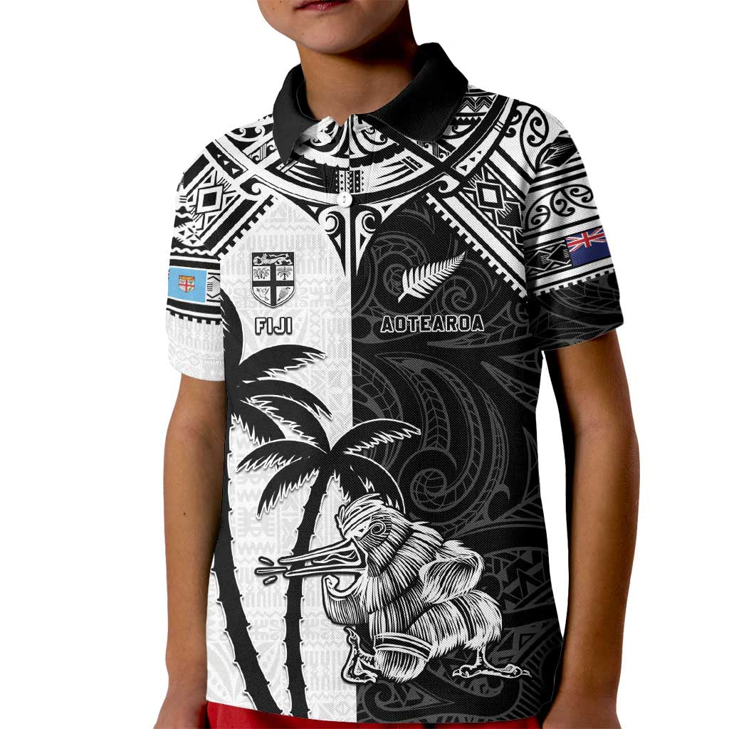 Custom New Zealand And Fiji Rugby 2024 Kid Polo Shirt Maori Kiwi With Fijian Palm Tree LT05 Kid Black - Polynesian Pride