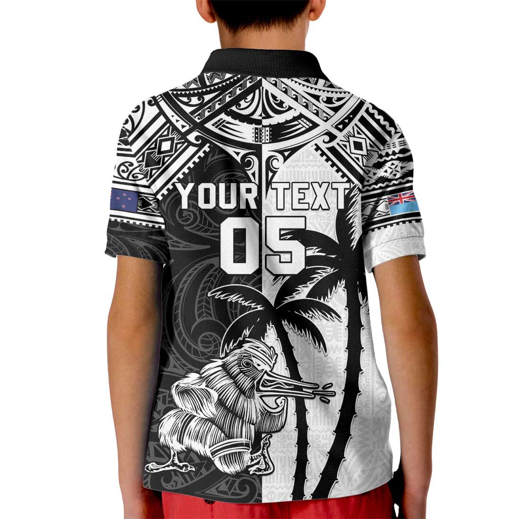 Custom New Zealand And Fiji Rugby 2024 Kid Polo Shirt Maori Kiwi With Fijian Palm Tree LT05 - Polynesian Pride