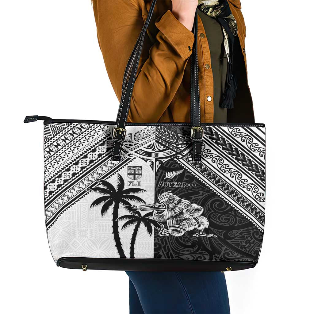 New Zealand And Fiji Rugby 2024 Leather Tote Bag Maori Kiwi With Fijian Palm Tree LT05 - Polynesian Pride