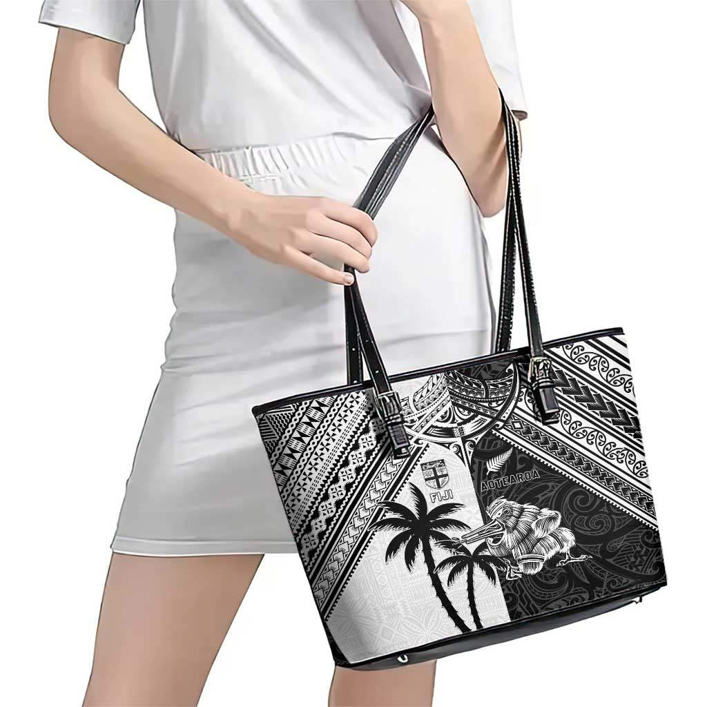 New Zealand And Fiji Rugby 2024 Leather Tote Bag Maori Kiwi With Fijian Palm Tree LT05 - Polynesian Pride