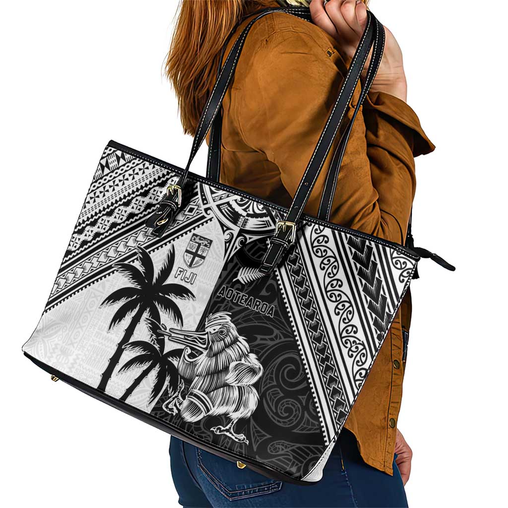 New Zealand And Fiji Rugby 2024 Leather Tote Bag Maori Kiwi With Fijian Palm Tree LT05 - Polynesian Pride