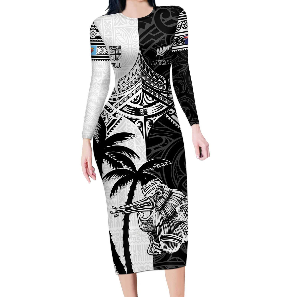 Custom New Zealand And Fiji Rugby 2024 Long Sleeve Bodycon Dress Maori Kiwi With Fijian Palm Tree LT05 Long Dress Black - Polynesian Pride