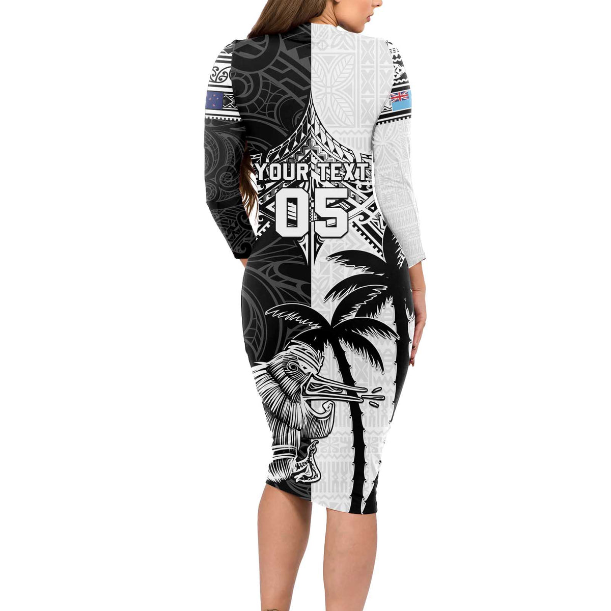 Custom New Zealand And Fiji Rugby 2024 Long Sleeve Bodycon Dress Maori Kiwi With Fijian Palm Tree LT05 - Polynesian Pride
