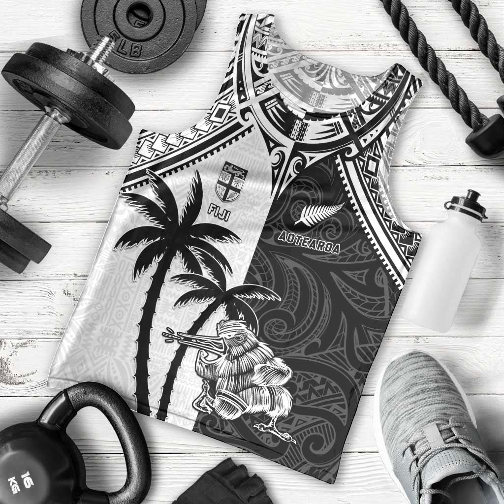 Custom New Zealand And Fiji Rugby 2024 Men Tank Top Maori Kiwi With Fijian Palm Tree LT05 - Polynesian Pride