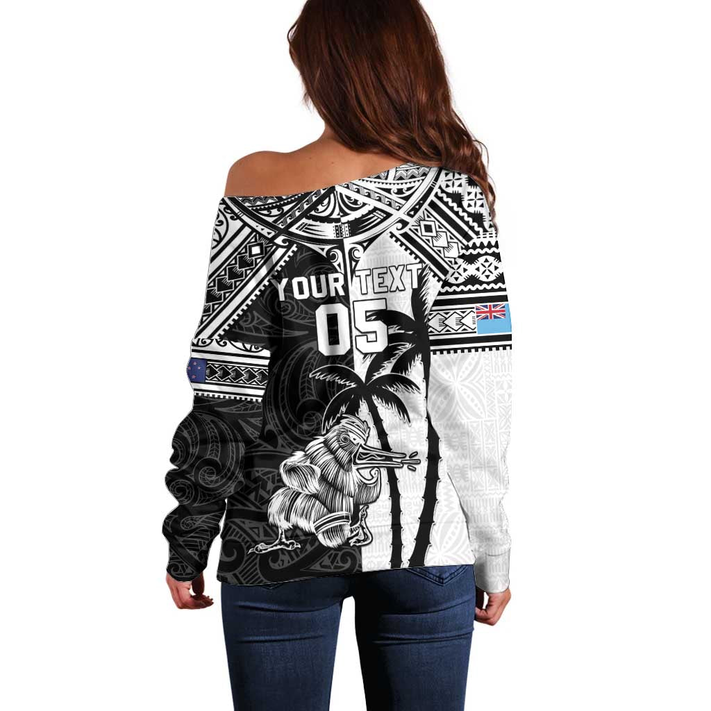 Custom New Zealand And Fiji Rugby 2024 Off Shoulder Sweater Maori Kiwi With Fijian Palm Tree LT05 - Polynesian Pride