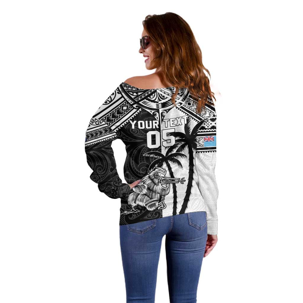 Custom New Zealand And Fiji Rugby 2024 Off Shoulder Sweater Maori Kiwi With Fijian Palm Tree LT05 - Polynesian Pride