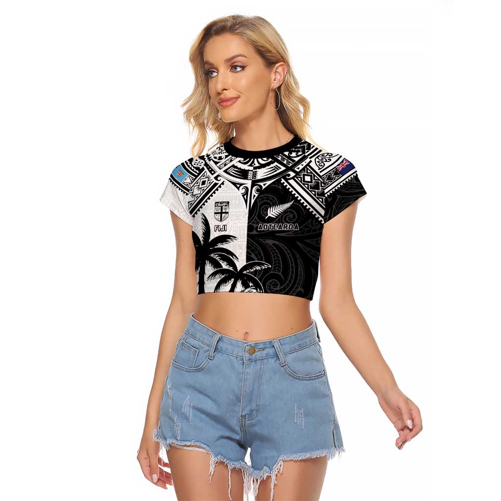 Custom New Zealand And Fiji Rugby 2024 Raglan Cropped T Shirt Maori Kiwi With Fijian Palm Tree LT05 Female Black - Polynesian Pride