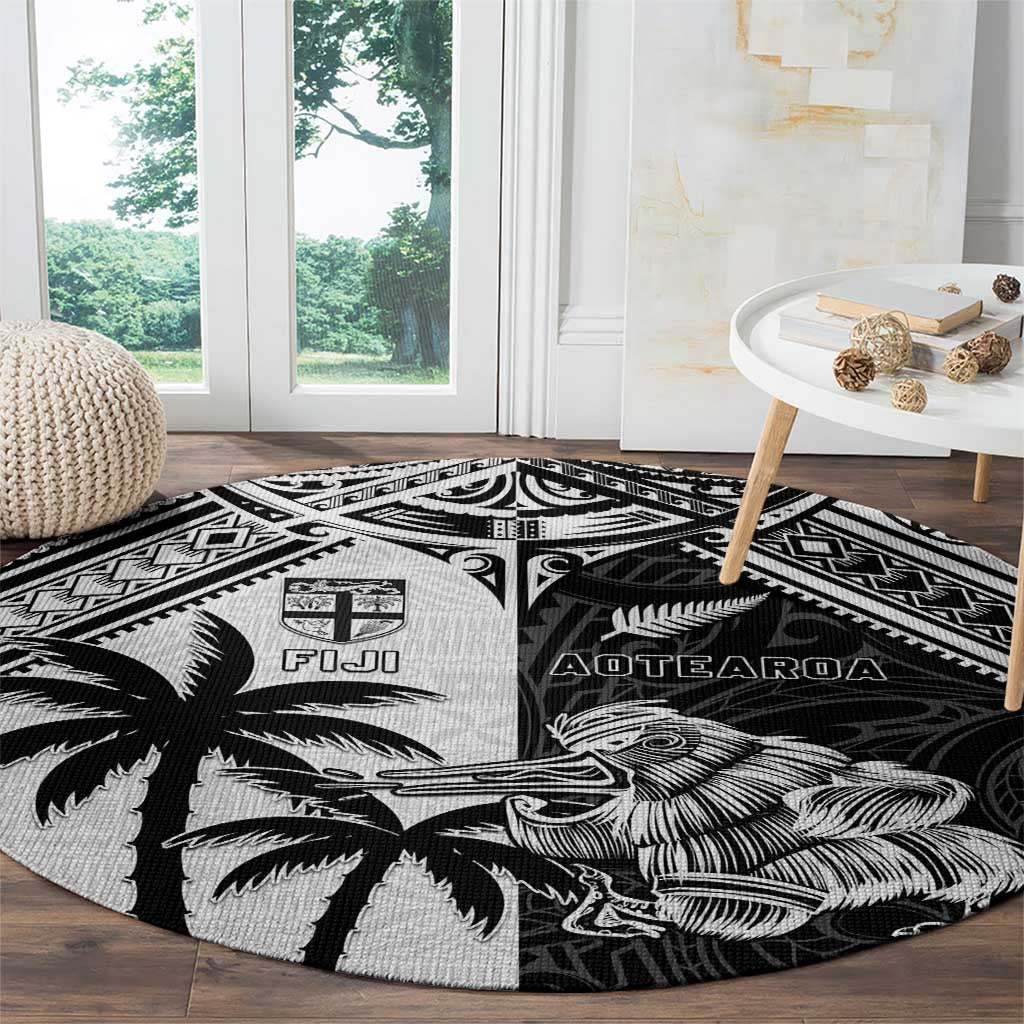 New Zealand And Fiji Rugby 2024 Round Carpet Maori Kiwi With Fijian Palm Tree LT05 - Polynesian Pride