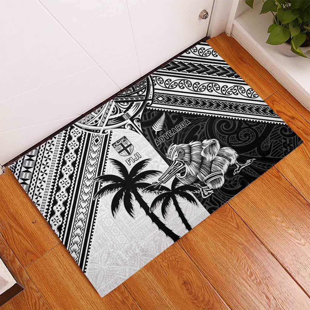New Zealand And Fiji Rugby 2024 Rubber Doormat Maori Kiwi With Fijian Palm Tree LT05 - Polynesian Pride