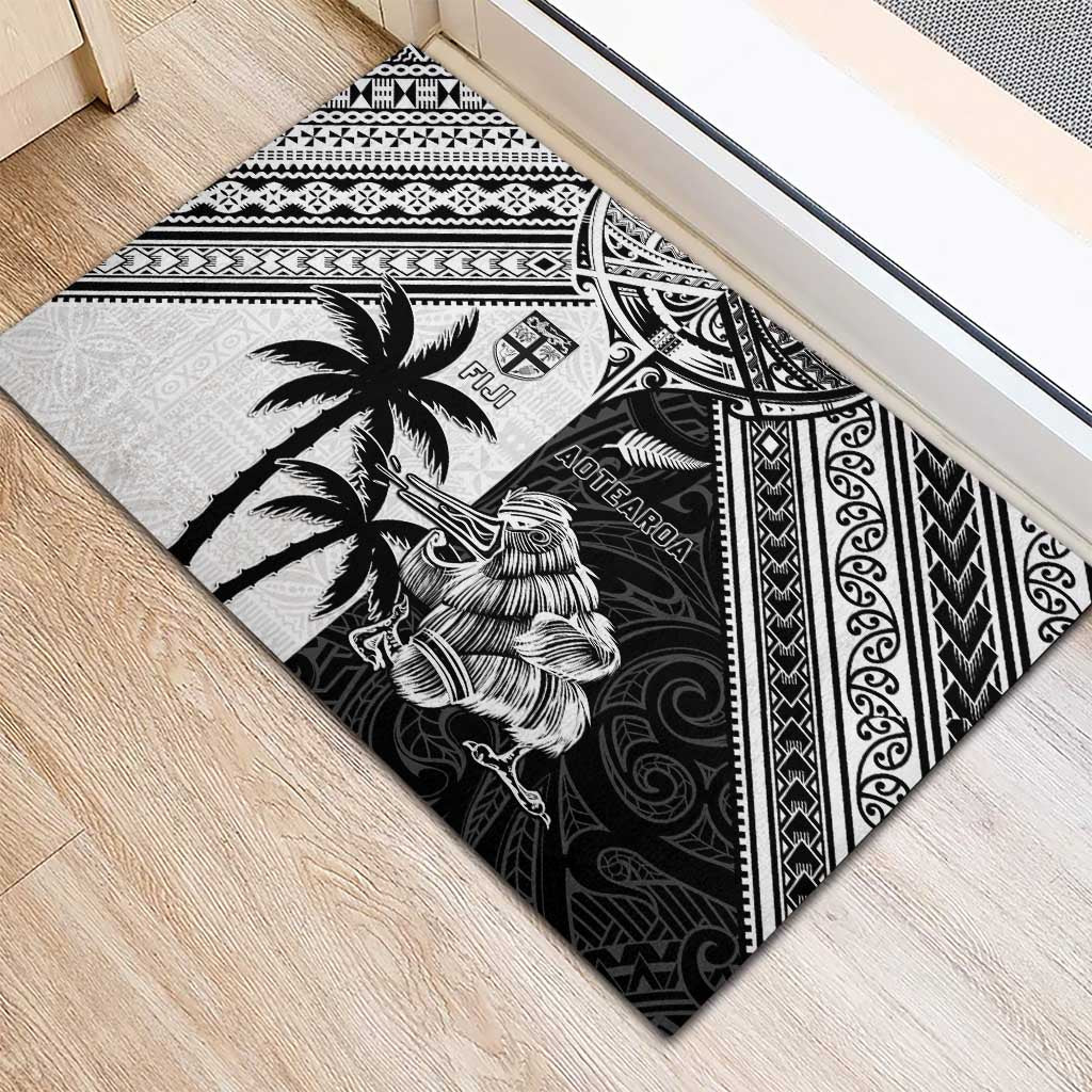 New Zealand And Fiji Rugby 2024 Rubber Doormat Maori Kiwi With Fijian Palm Tree LT05 - Polynesian Pride