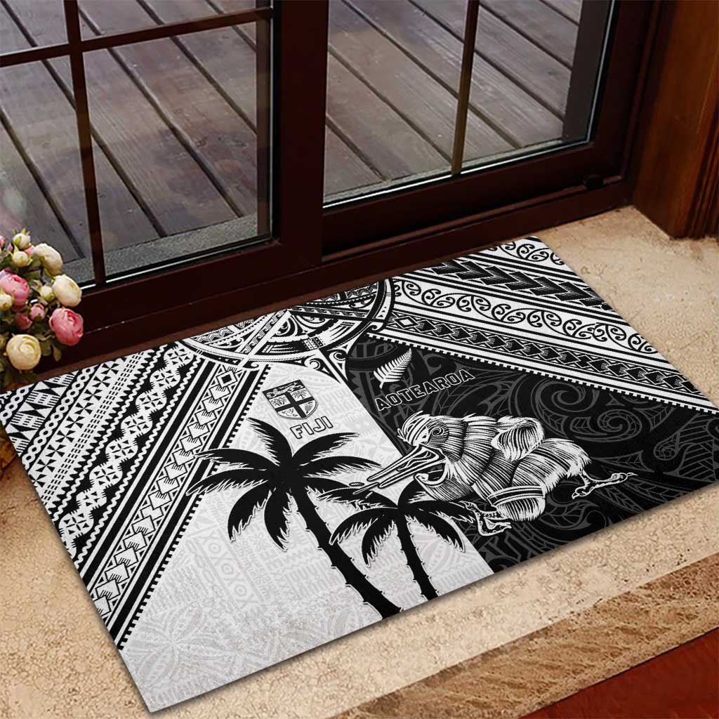 New Zealand And Fiji Rugby 2024 Rubber Doormat Maori Kiwi With Fijian Palm Tree LT05 - Polynesian Pride