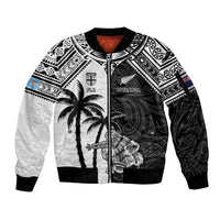 Custom New Zealand And Fiji Rugby 2024 Sleeve Zip Bomber Jacket Maori Kiwi With Fijian Palm Tree LT05 Unisex Black - Polynesian Pride