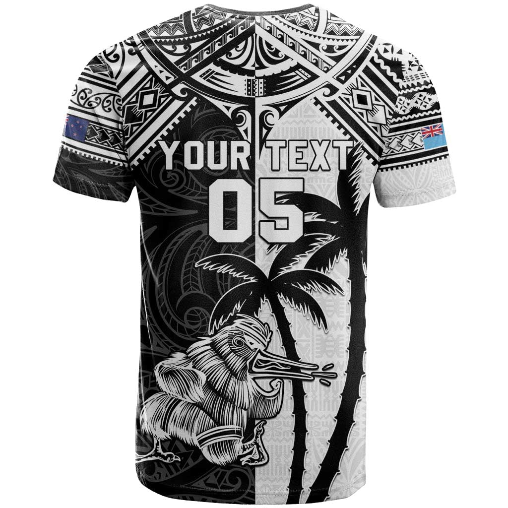 Custom New Zealand And Fiji Rugby 2024 T Shirt Maori Kiwi With Fijian Palm Tree LT05 - Polynesian Pride