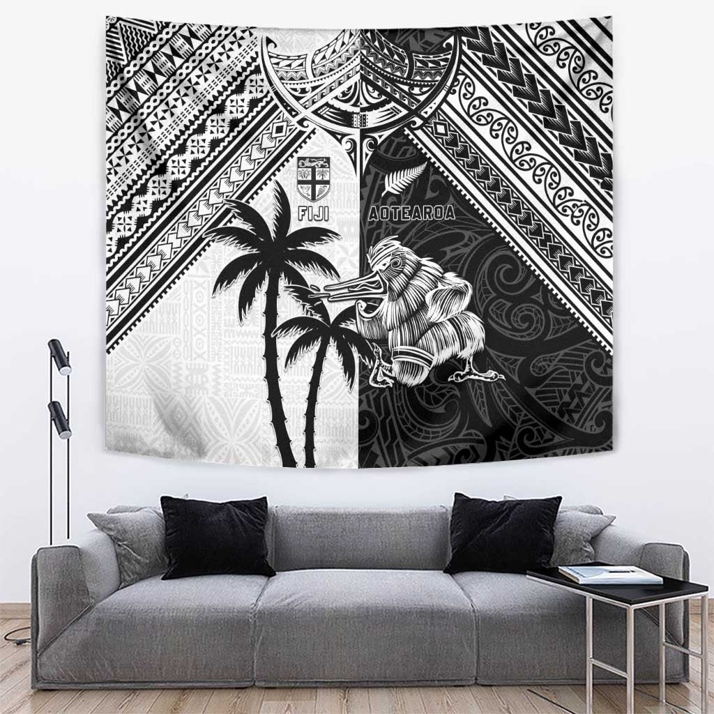 New Zealand And Fiji Rugby 2024 Tapestry Maori Kiwi With Fijian Palm Tree LT05 Black - Polynesian Pride