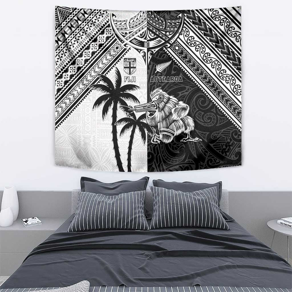 New Zealand And Fiji Rugby 2024 Tapestry Maori Kiwi With Fijian Palm Tree LT05 - Polynesian Pride