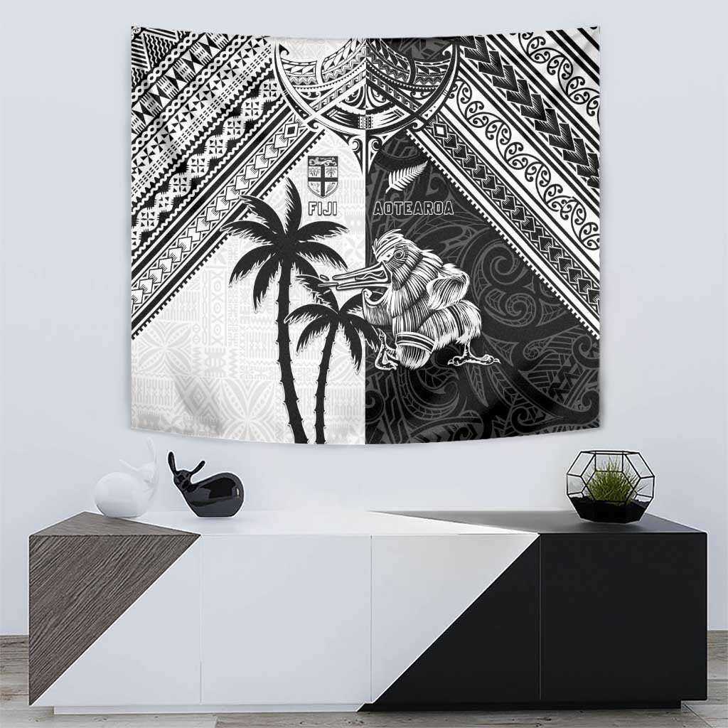 New Zealand And Fiji Rugby 2024 Tapestry Maori Kiwi With Fijian Palm Tree LT05 - Polynesian Pride