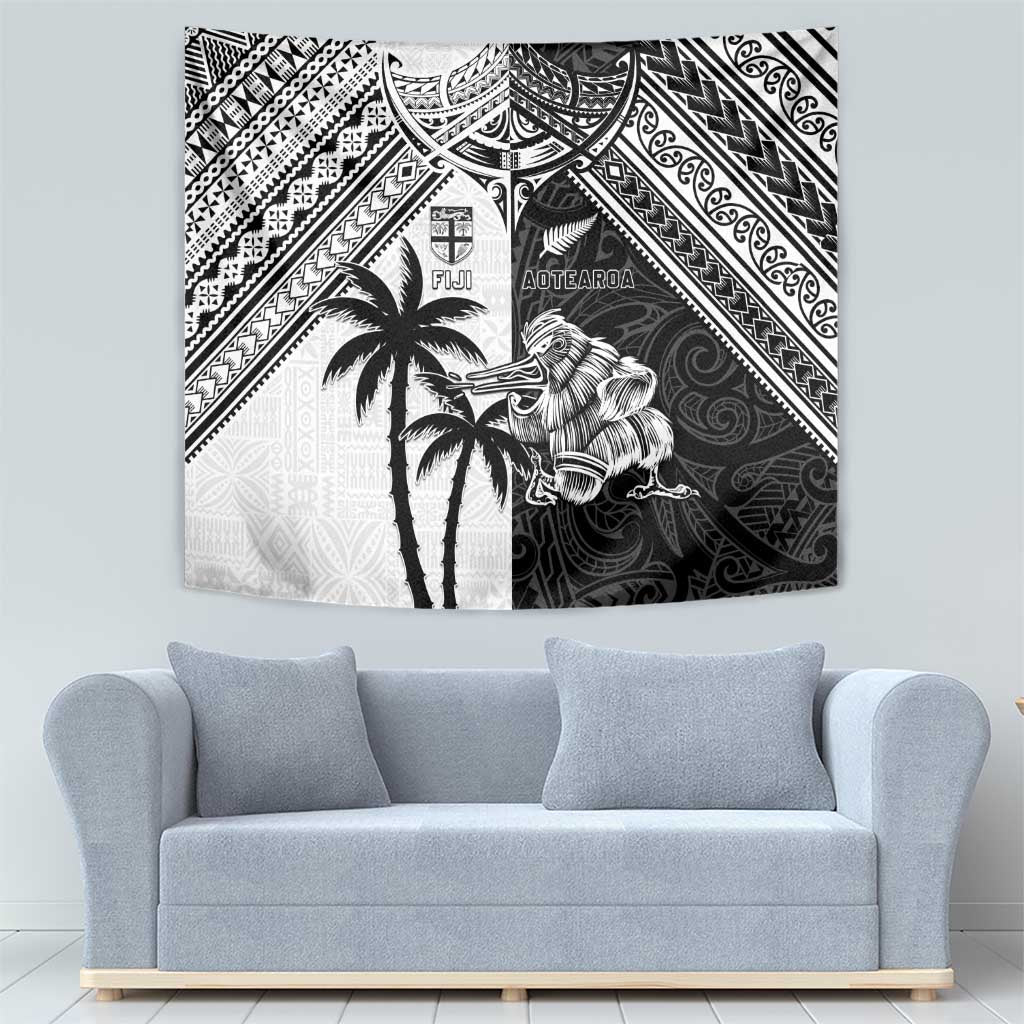 New Zealand And Fiji Rugby 2024 Tapestry Maori Kiwi With Fijian Palm Tree LT05 - Polynesian Pride