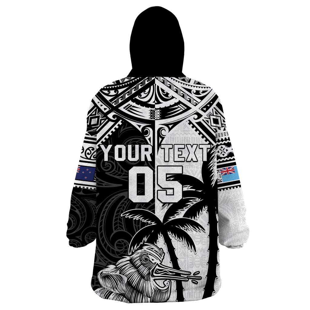 Custom New Zealand And Fiji Rugby 2024 Wearable Blanket Hoodie Maori Kiwi With Fijian Palm Tree LT05 - Polynesian Pride